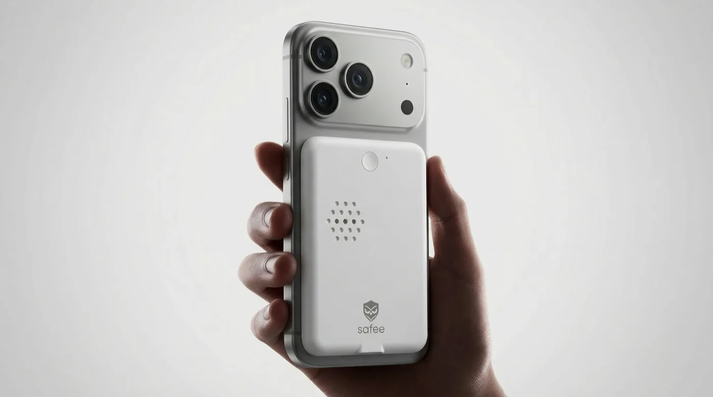 Le boîtier panic button aimanté au dos d'un téléphone, tenu dans une main